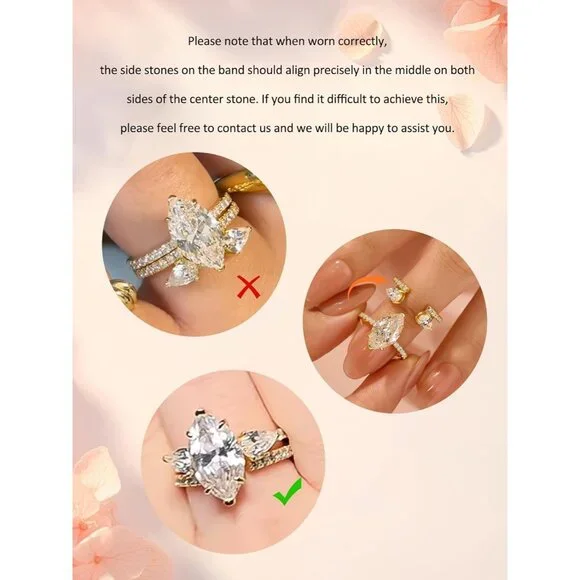 3.5CT Marquise Cut Inset Engagement Ring Set, S925 Silver 5A Cubic Zirconia Brid